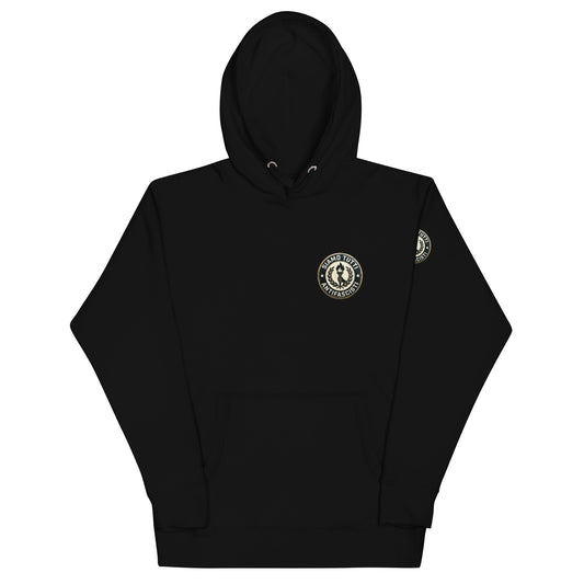 Schwarzer Unisex‑Hoodie mit rundem Fackel‑ und Lorbeerkranz‑Emblem und dem Schriftzug „Siamo Tutti Antifascisti“.