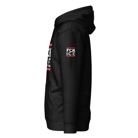 Unisex Hoodie FCK ICE schwarz mit Beuteltasche und Ärmelprint
