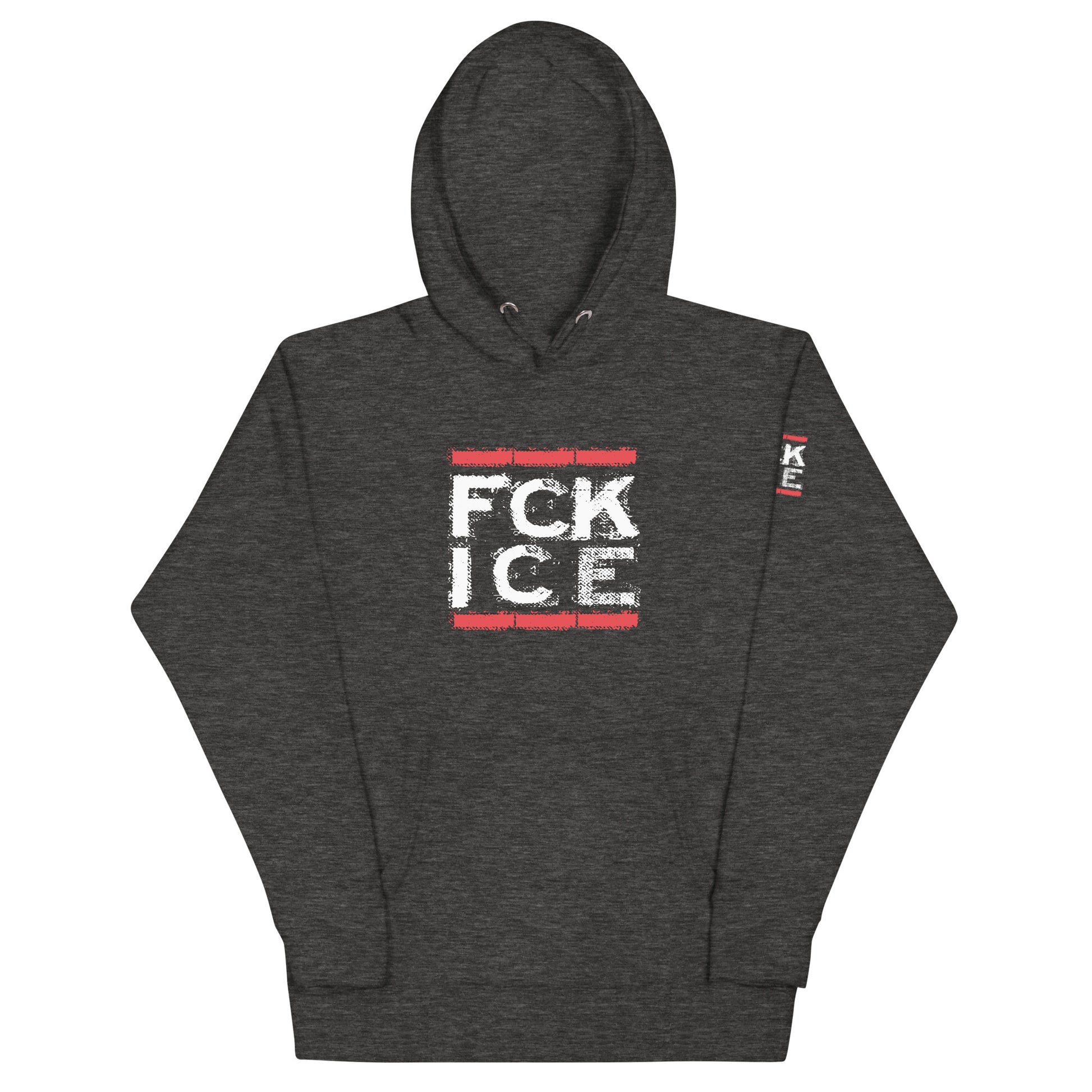 Unisex Hoodie FCK ICE grau mit Beuteltasche und Ärmelprint

