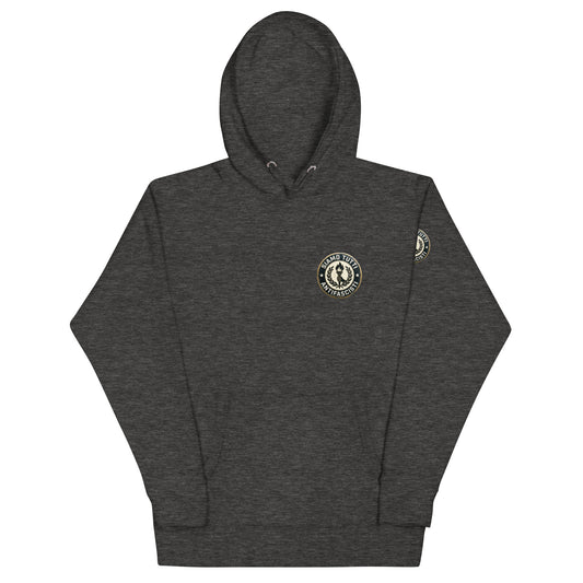 Grauer Unisex‑Hoodie mit rundem Fackel‑ und Lorbeerkranz‑Emblem und dem Schriftzug „Siamo Tutti Antifascisti“.