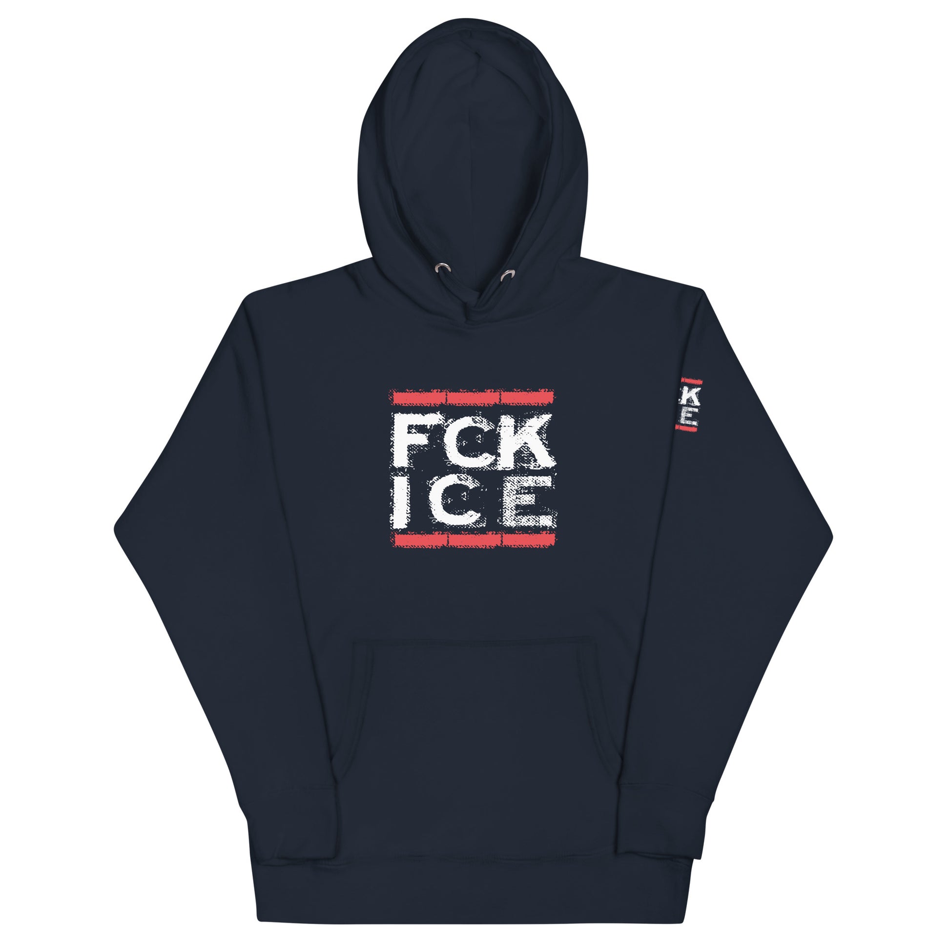 Unisex Hoodie FCK ICE navy mit Beuteltasche und Ärmelprint

