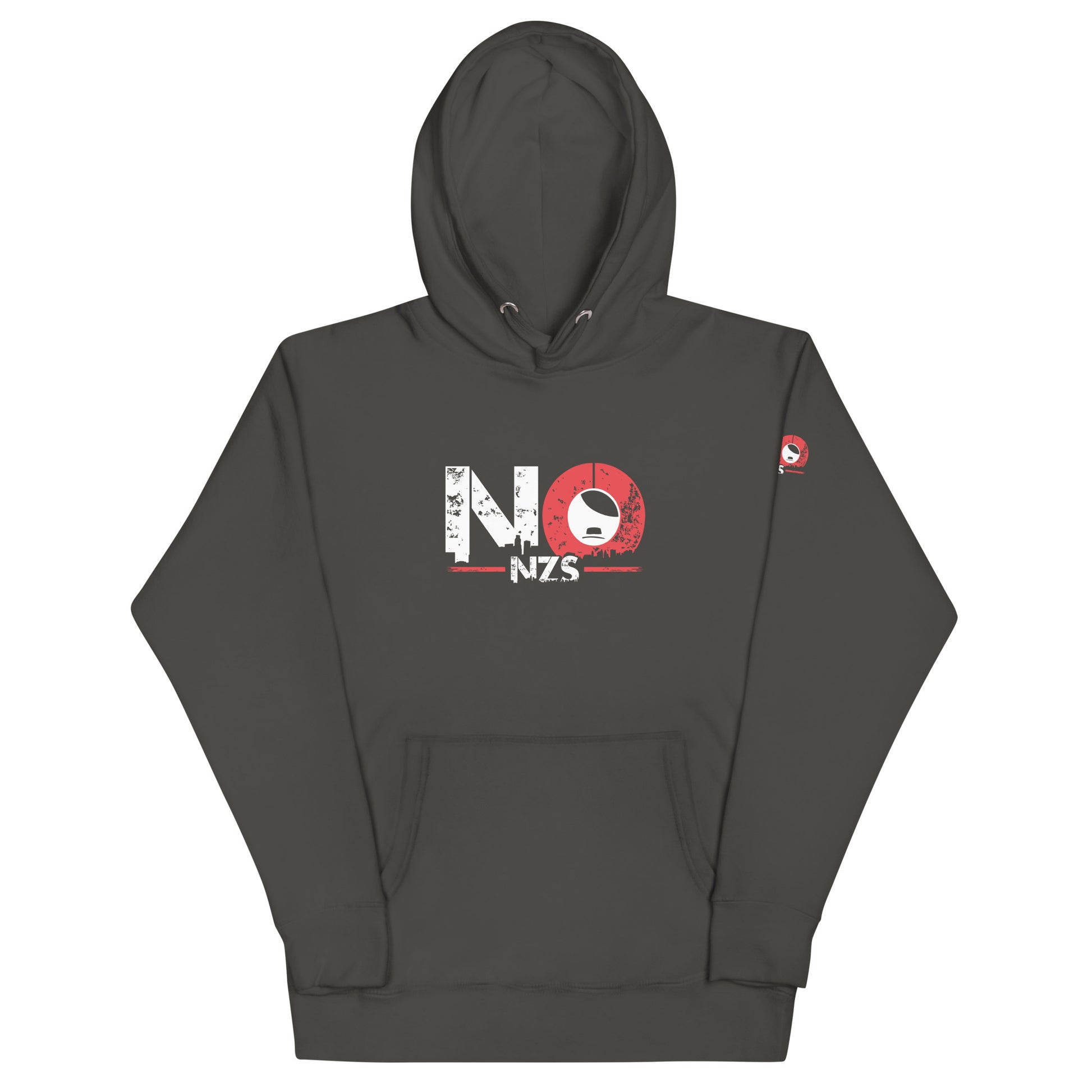  NO NZS Unisex Hoodie, Frontansicht mit großem NO NZS Druck. Kleidung gegen Rechts