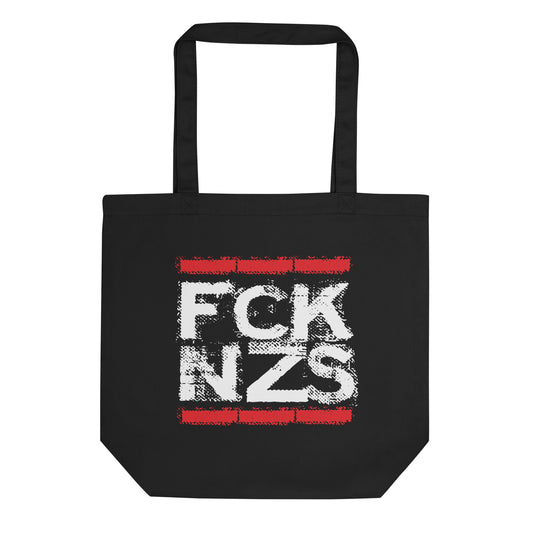 Zeige Haltung beim Einkaufen: robuster schwarzer Bio Baumwollbeutel mit FCK NZS Print, viel Stauraum und langlebigem Druck.