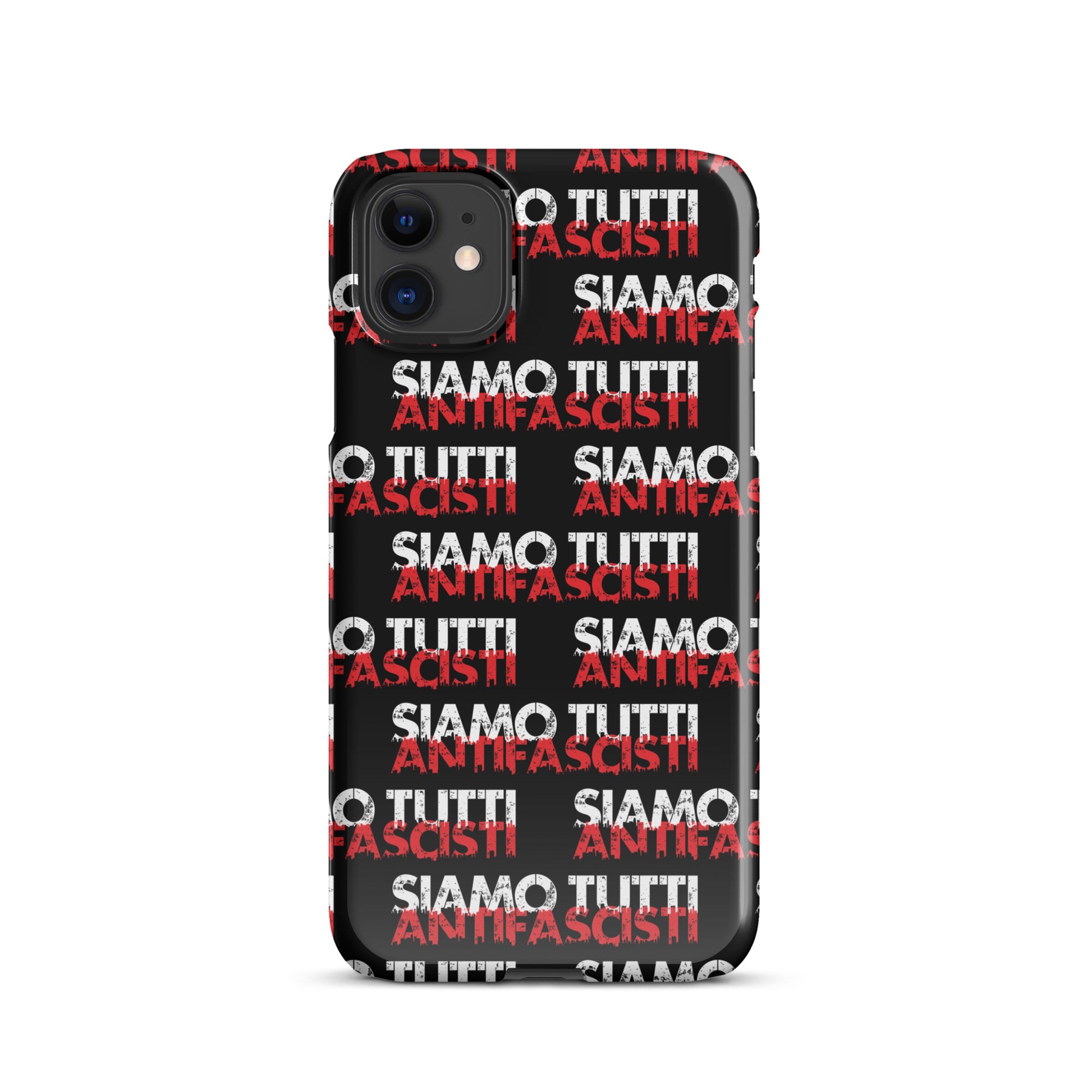 „iPhone‑Hülle mit wiederholtem ‚SIAMO TUTTI ANTIFASCISTI‘‑Print