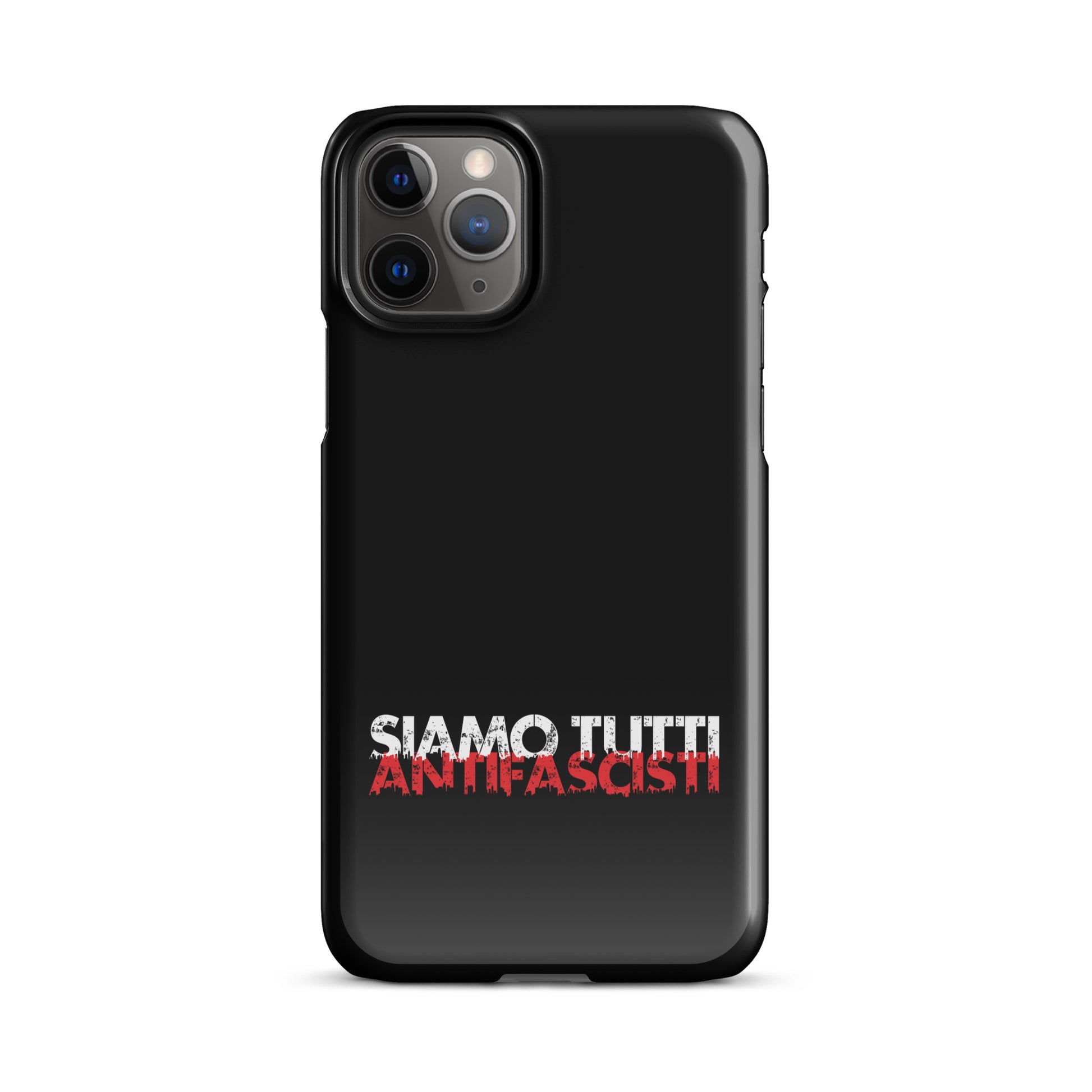 „iPhone‑Hülle mit dezentem ‚SIAMO TUTTI ANTIFASCISTI‘‑Print in Weiß und Rot am unteren Rand 