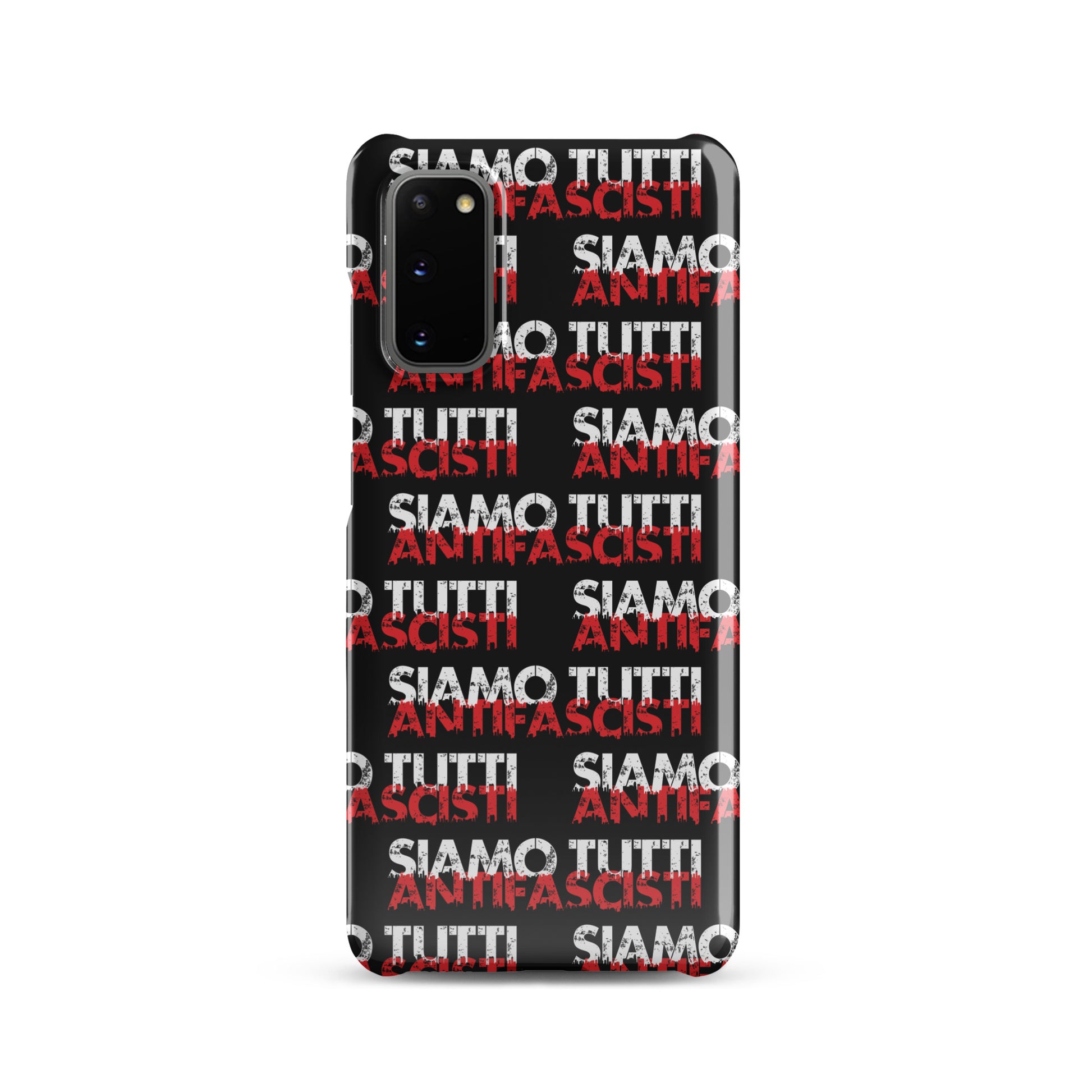 Smartphone‑Hülle mit Allover‑Print ‚SIAMO TUTTI ANTIFASCISTI‘ in Weiß und Rot auf schwarzem Hintergrund. 2