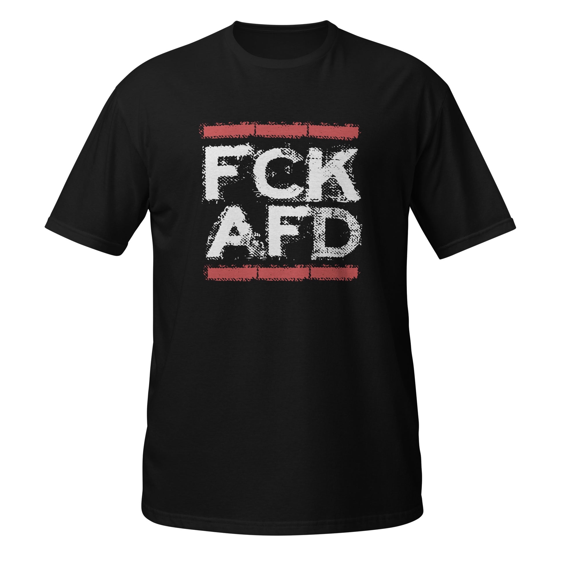 „Schwarzes Unisex T‑Shirt mit weiß‑rotem FCK‑A‑F‑D Schriftzug im Brick‑Design, Teil der Budget Friendly Line aus 100 % Baumwolle.“