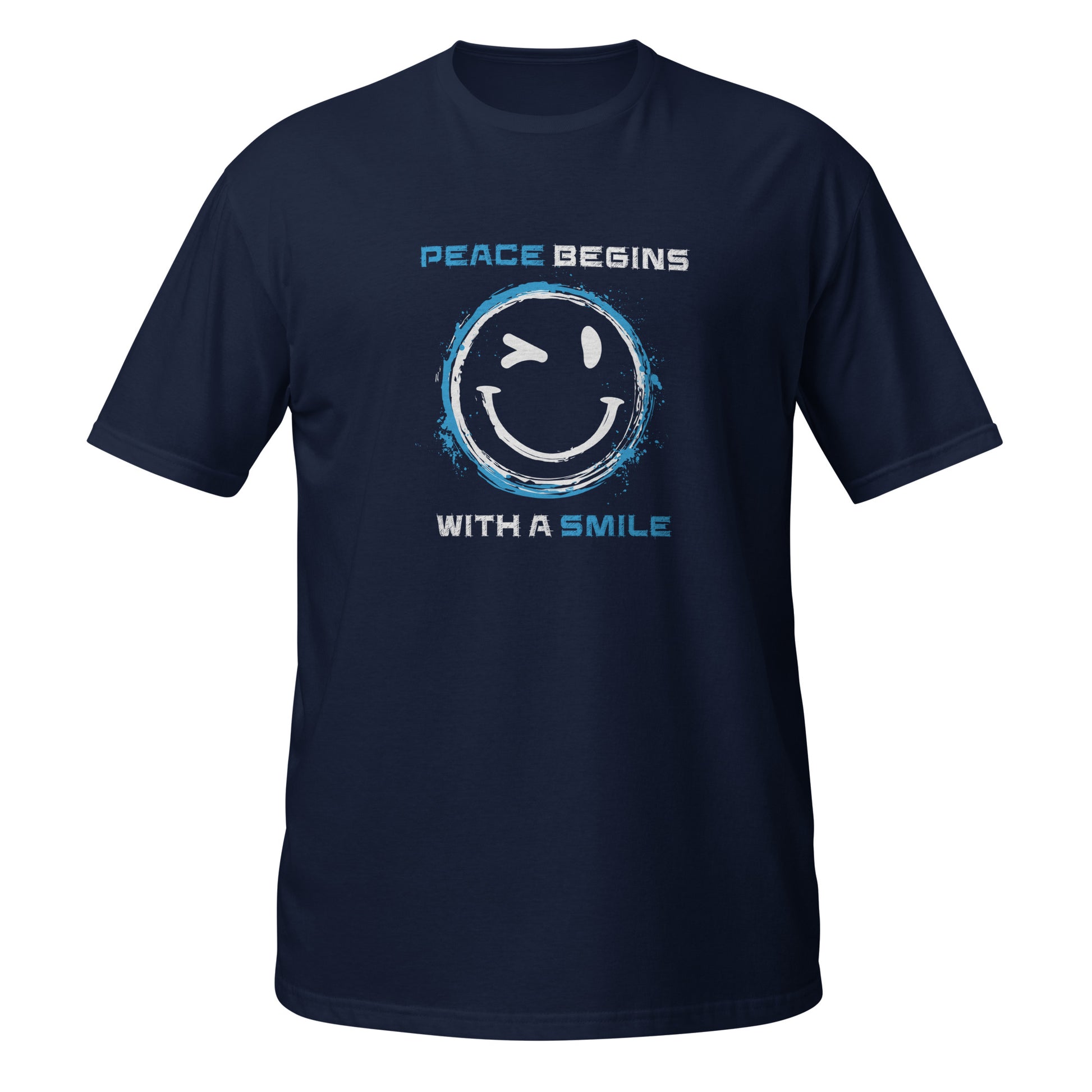 Navy Unisex‑T‑Shirt mit großem gelbem Smiley, blauem Kreis und dem Schriftzug „Peace Begins With a Smile“.

