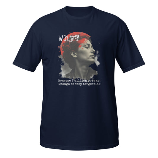 Schwarzes Shirt mit künstlerischem Print: Porträtgrafik, roter Kreis und typografisches Statement über Erinnerungskultur.