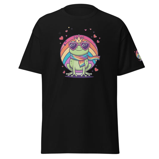 Frog Against the Machine T‑Shirt Vorderansicht Frosch mit Krone Regenbogenkreis
