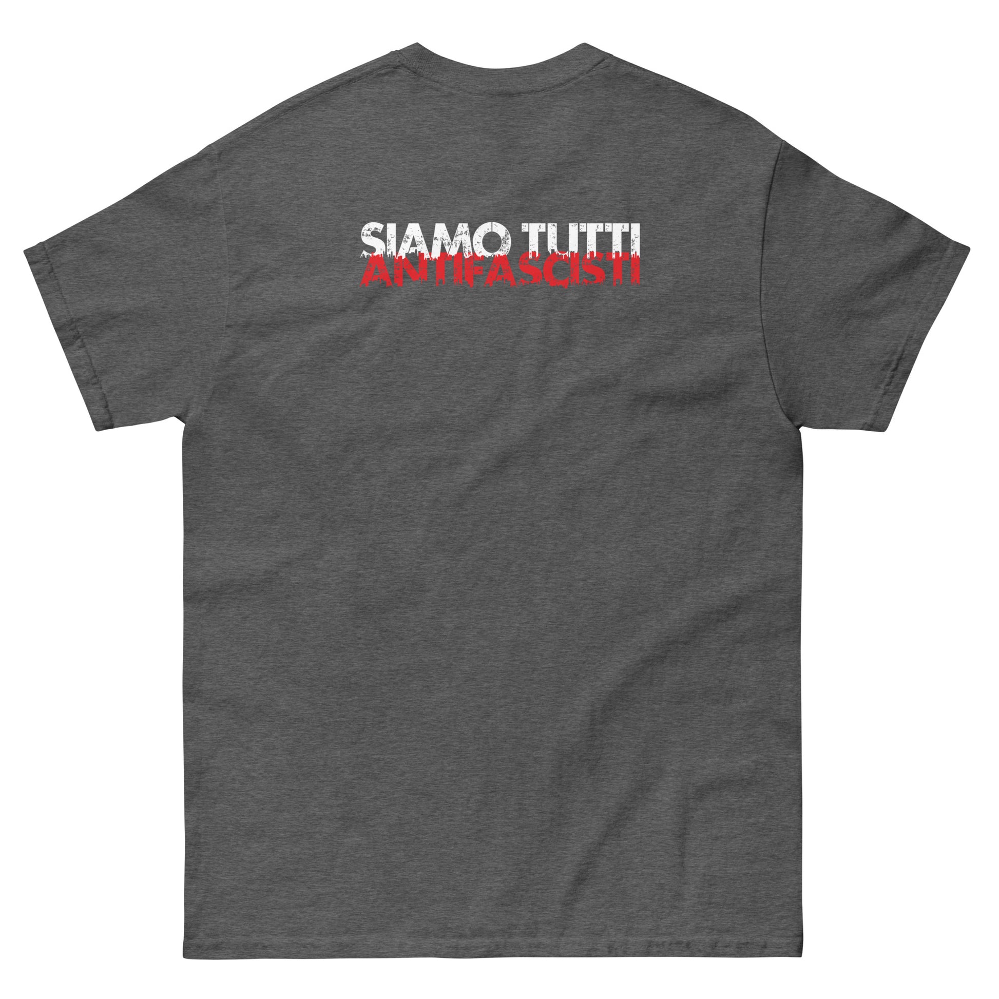 Graues Unisex‑T‑Shirts mit Backprint ‚Siamo tutti antifascisti‘, klassische Passform.“
