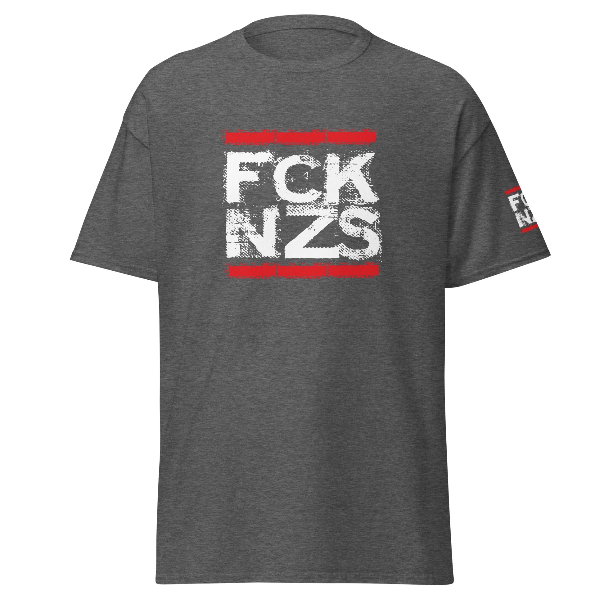 Graues Herren‑T‑Shirt mit FCK NZS Front‑ und Ärmelprint.“

