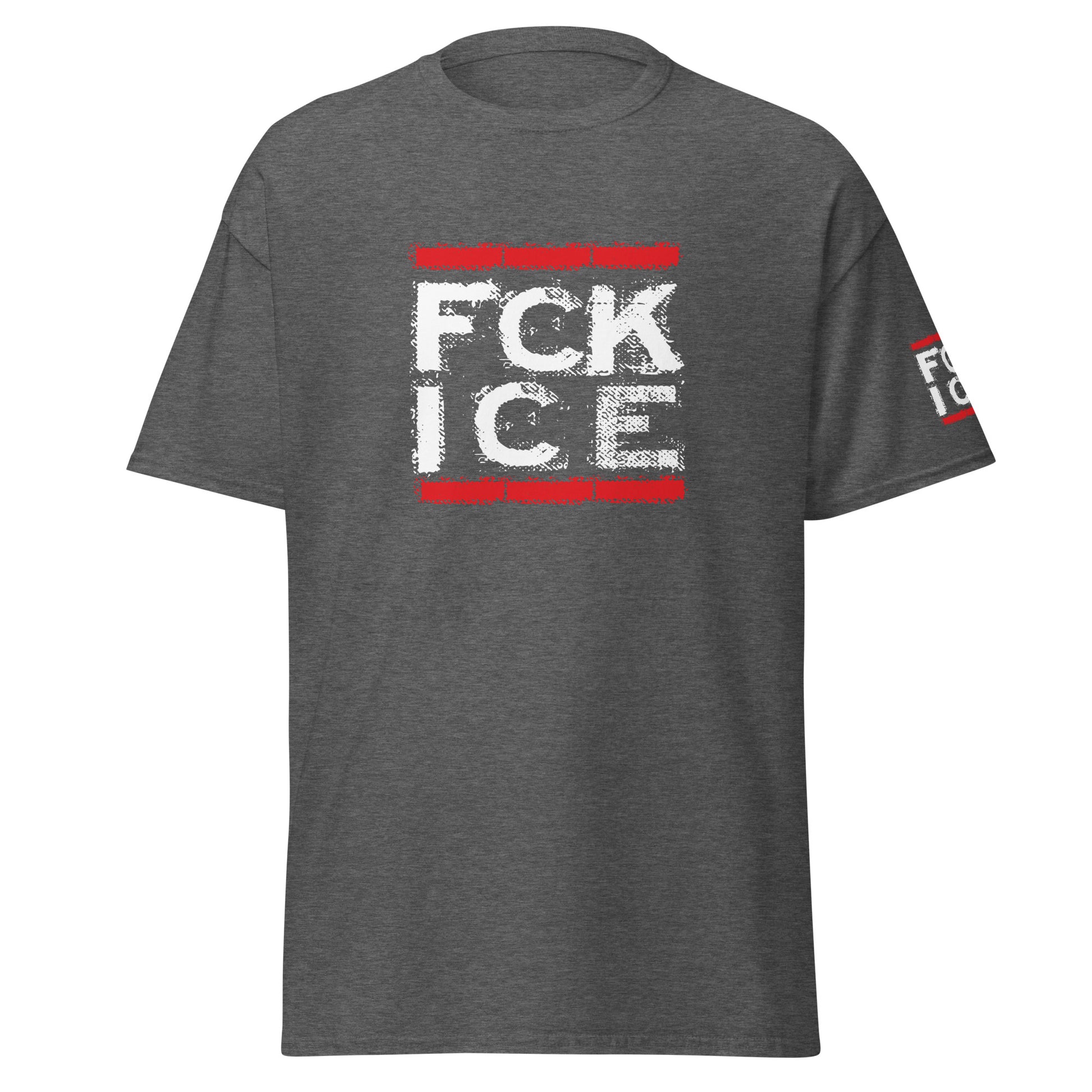 Graues Heather‑T‑Shirt mit FCK ICE Print vorne und am Ärmel.