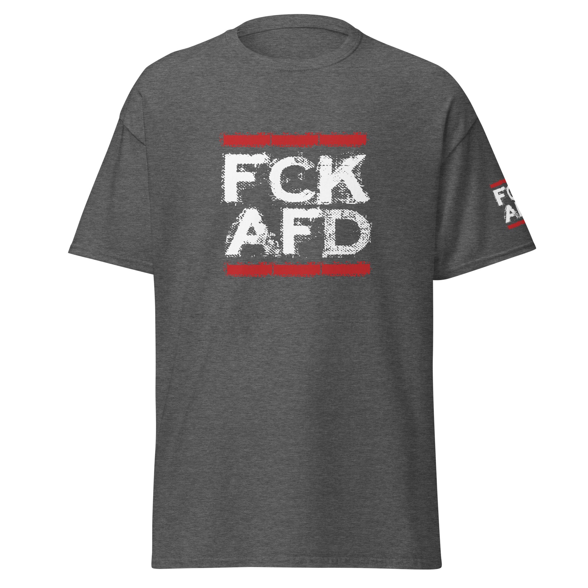 FCK AFD Print in Weiß und Rot auf grauem Shirt.