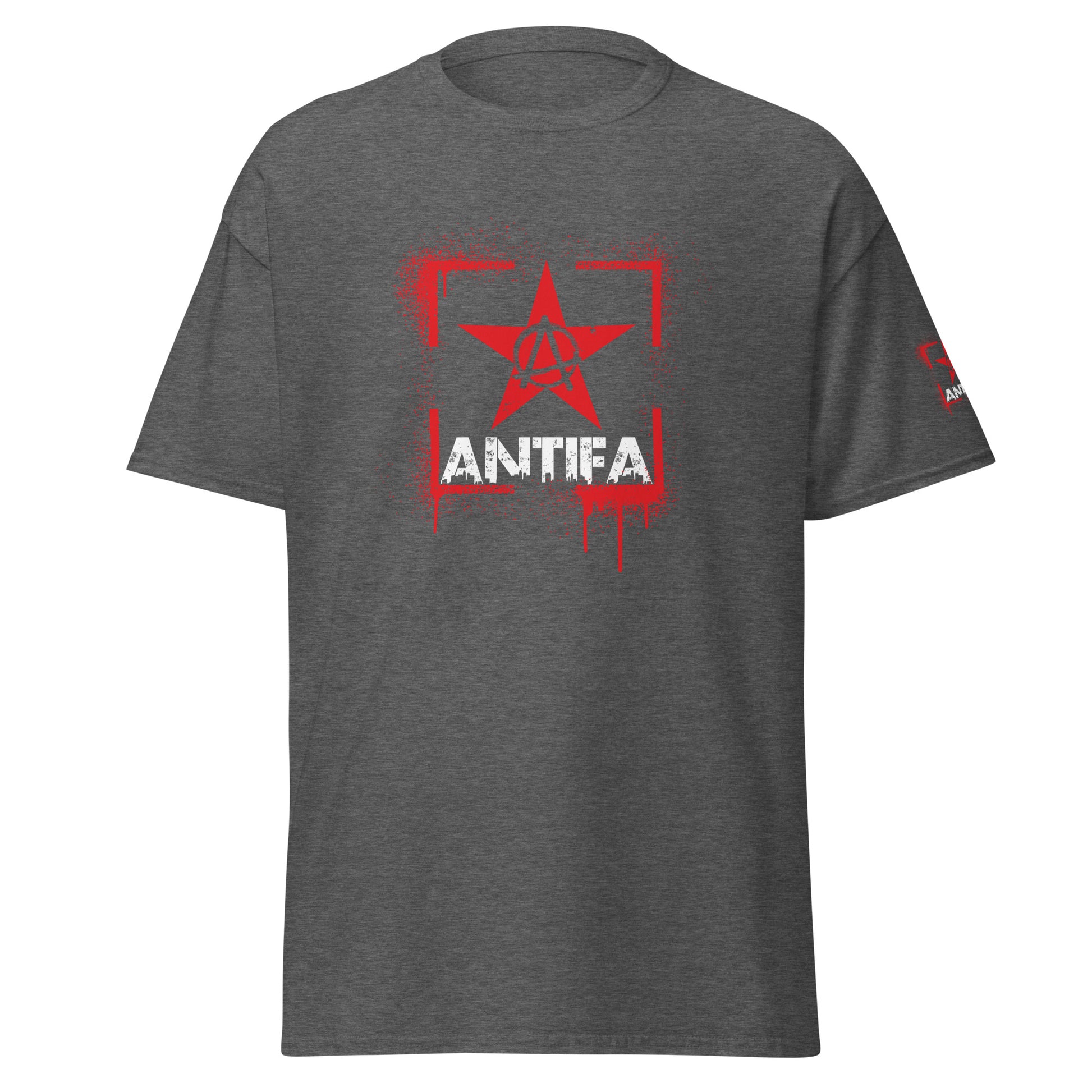 Antifa Unisex T-Shirt mit Front- und Ärmelprint: roter Stern, Anarchie-Symbol & „ANTIFA“-Schriftzug. 100 % Baumwolle, urbaner Streetwear-Style mit Haltung. in Grau