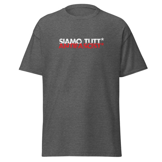 „Graues Protestshirt mit Siamo tutt* antifascist* Aufdruck“