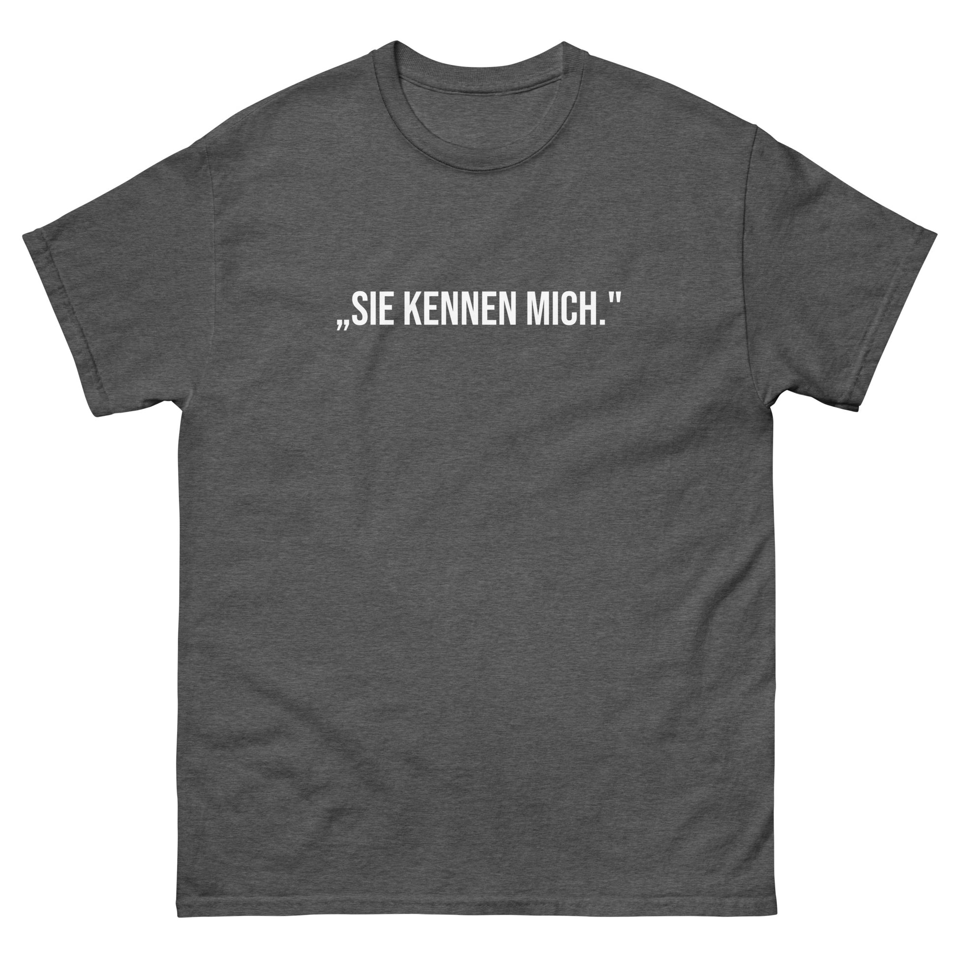 „Graues Herren T‑Shirt mit dem Aufdruck Sie kennen mich. aus der Angela‑Merkel‑Comeback‑Kollektion.“