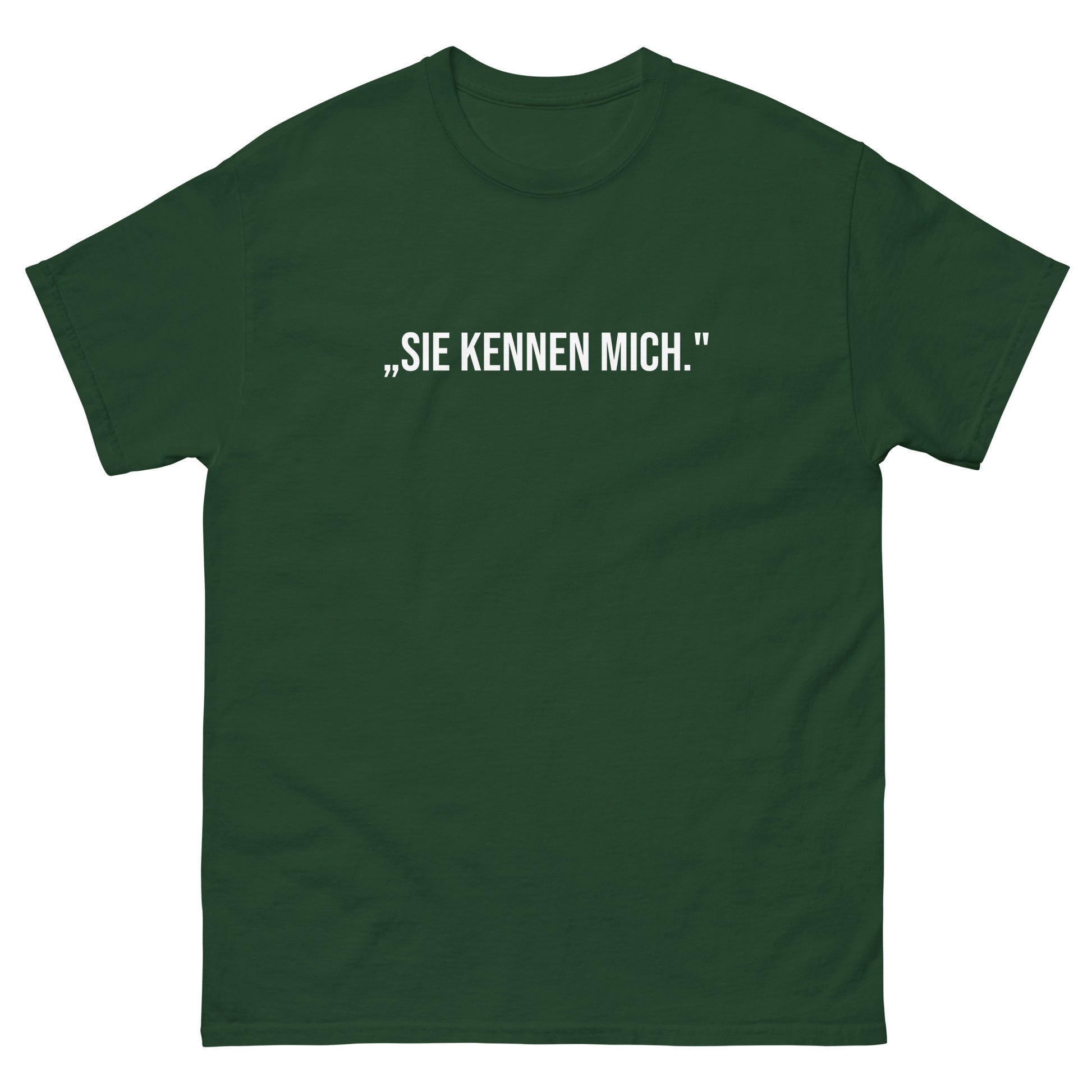 „Dunkelgrünes Herren T‑Shirt mit dem Aufdruck Sie kennen mich. aus der Angela‑Merkel‑Comeback‑Kollektion.“
