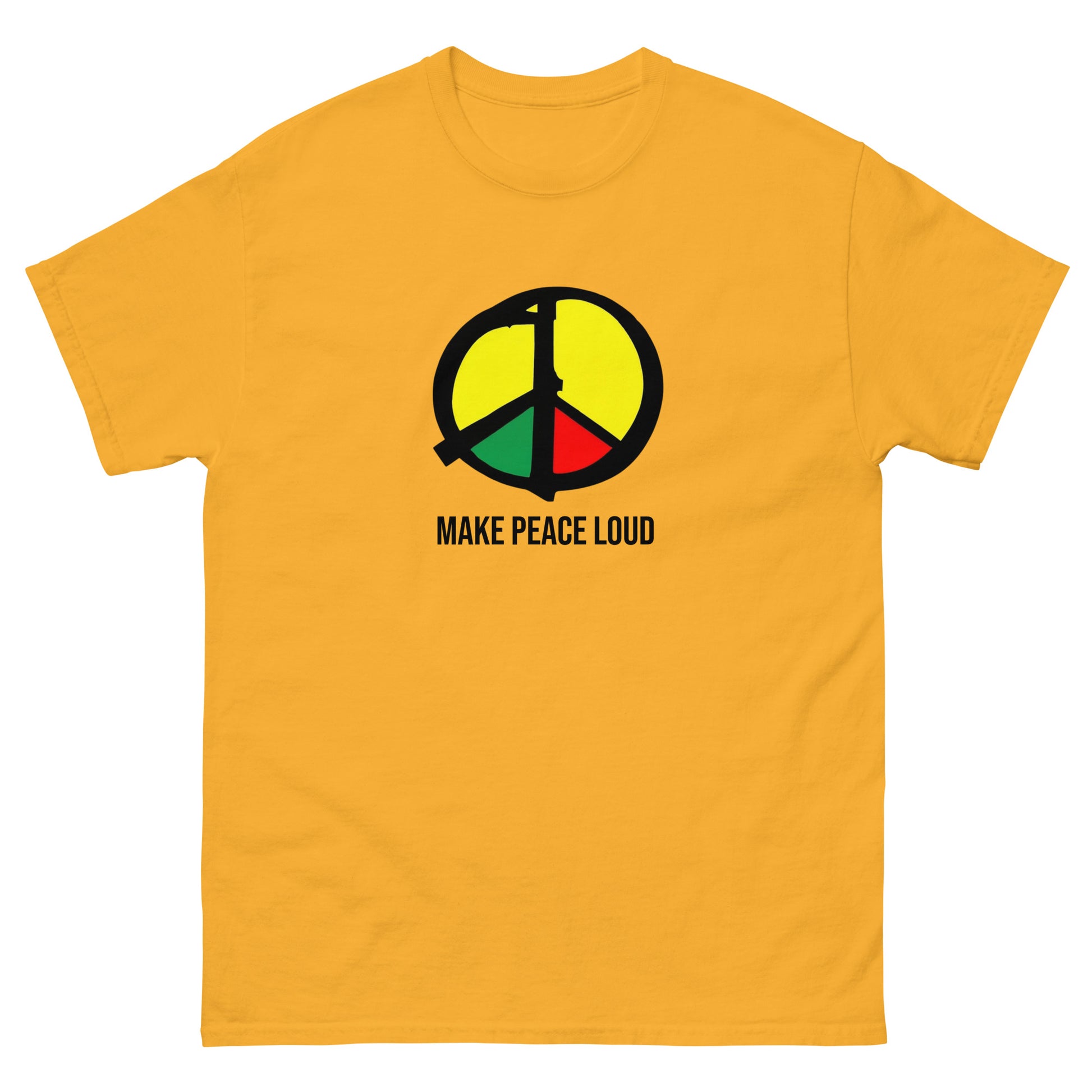 Gelbes Unisex T‑Shirt mit großem Peace‑Symbol in panafrikanischen Farben.