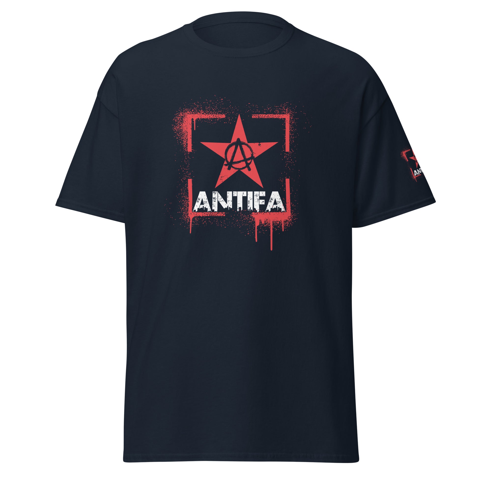 Antifa T-Shirt navy mit rotem Stern und Anarchie-Symbol auf der Brust, darunter „ANTIFA“-Schriftzug

