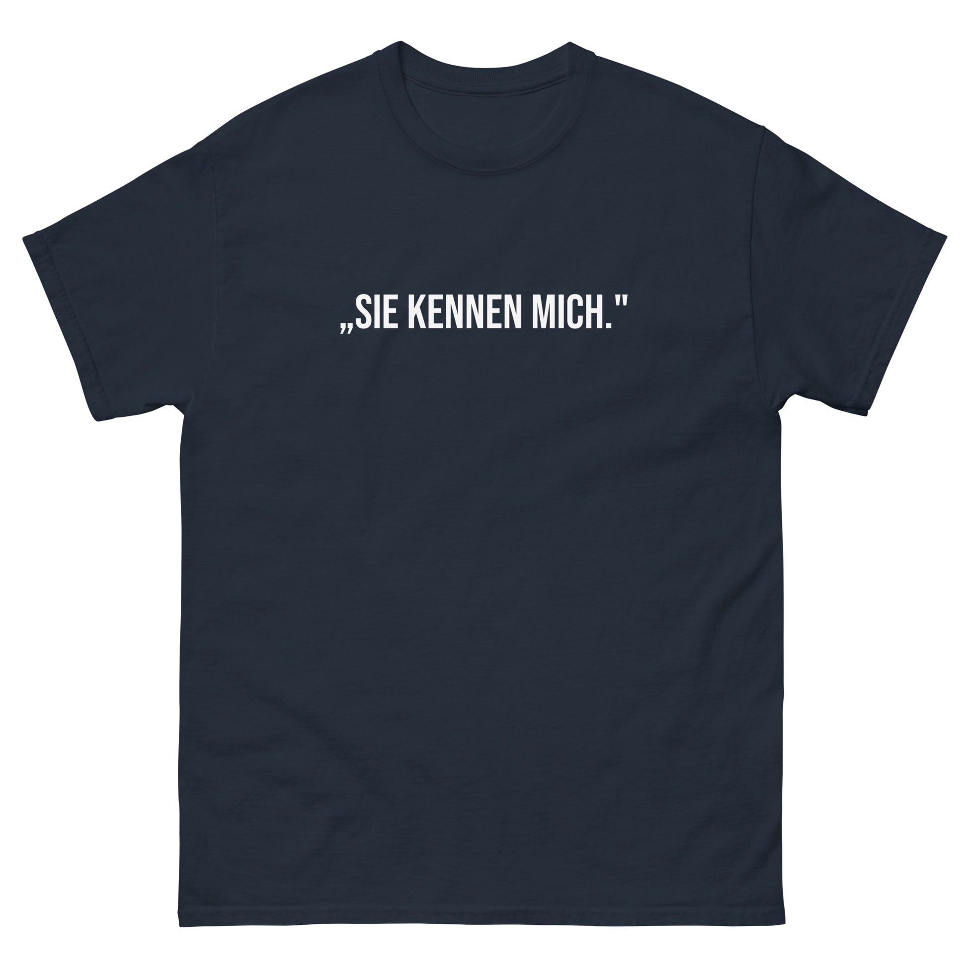 „Dunkelblaues Herren T‑Shirt mit dem Aufdruck Sie kennen mich. aus der Angela‑Merkel‑Comeback‑Kollektion.“