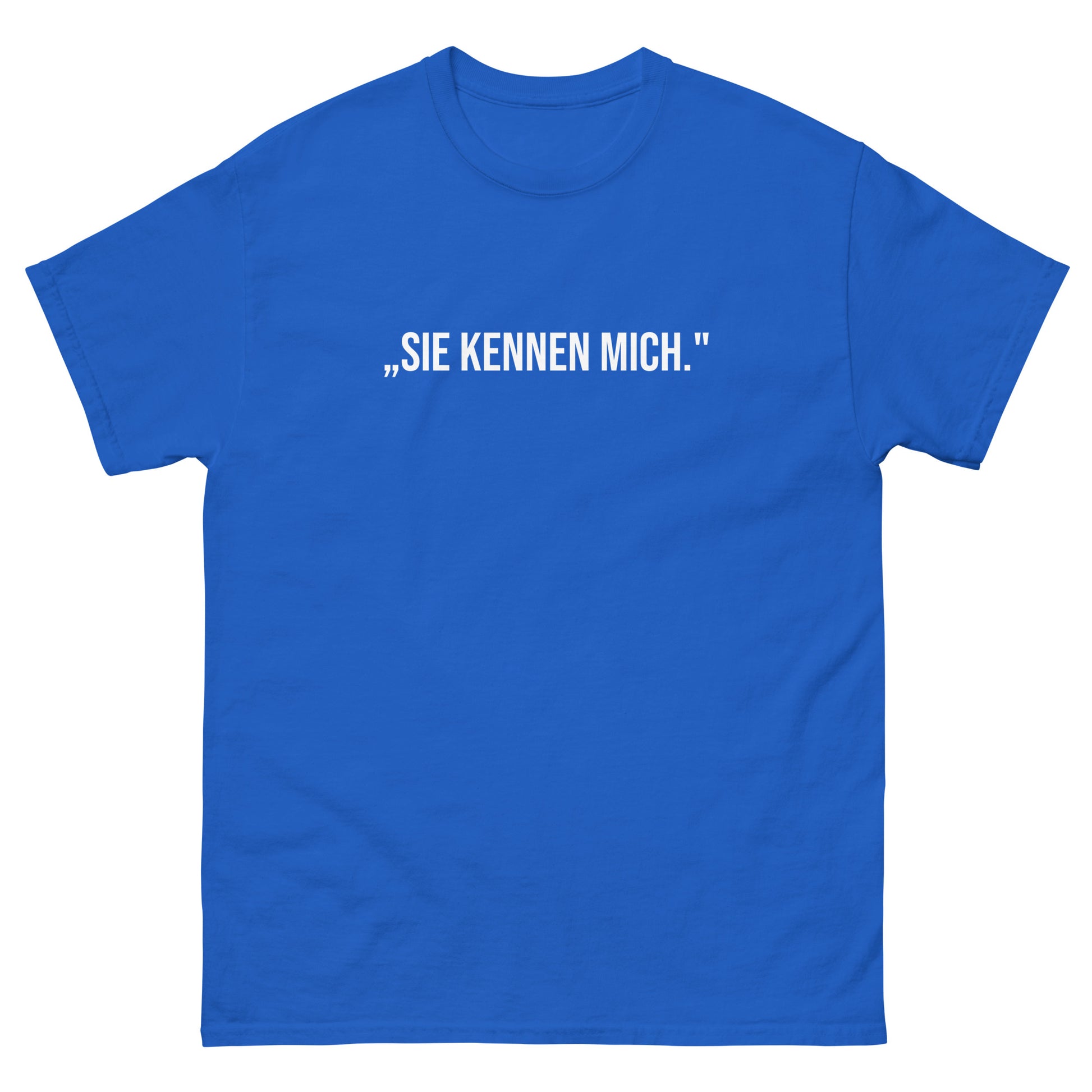 „Kräftig blaues Herren T‑Shirt mit dem Aufdruck Sie kennen mich. aus der Angela‑Merkel‑Comeback‑Kollektion.“