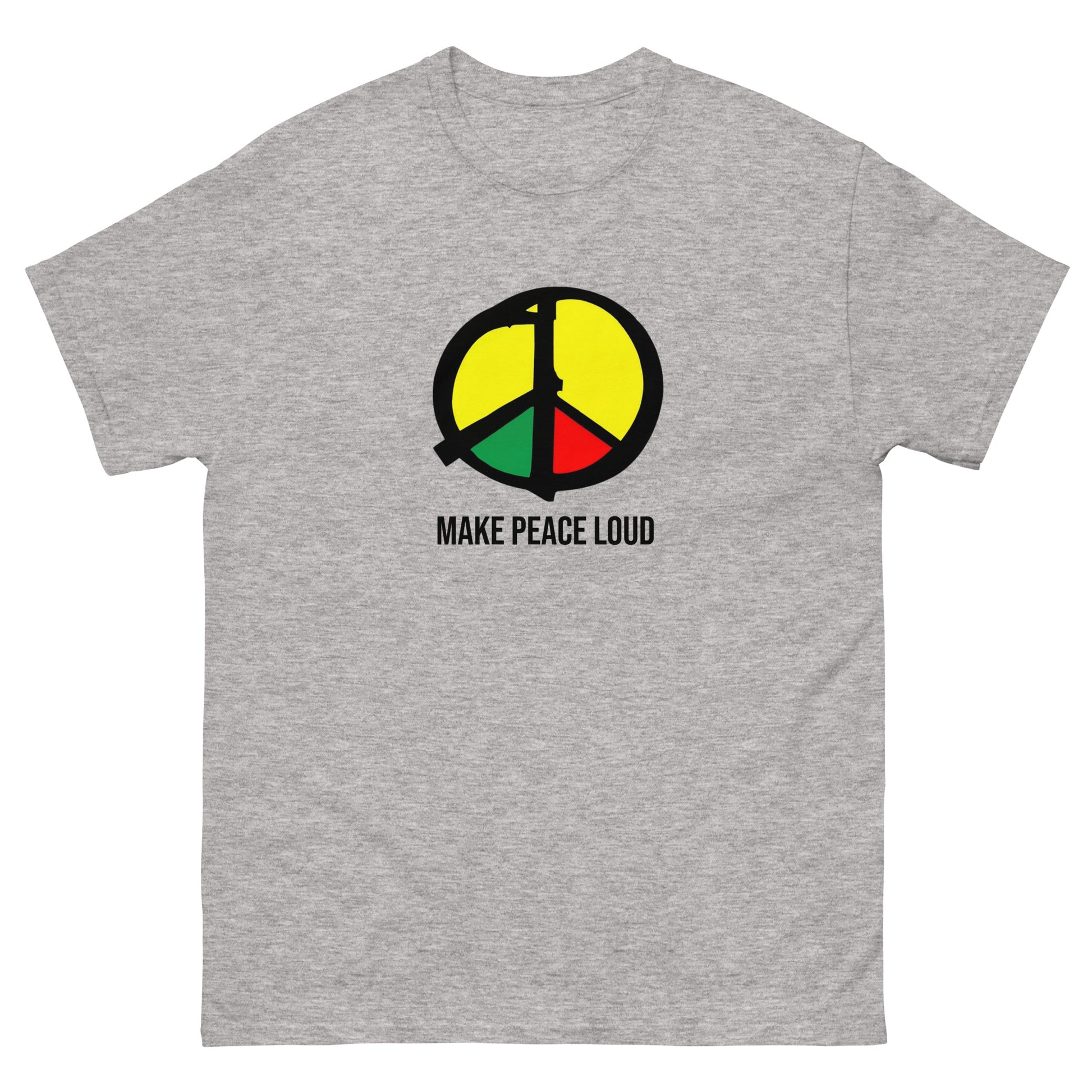 Make Peace Loud Shirt mit Peace‑Symbol und panafrikanischen Farben – politisches Statement‑T‑Shirt für Frieden und Aktivismus. Grau.