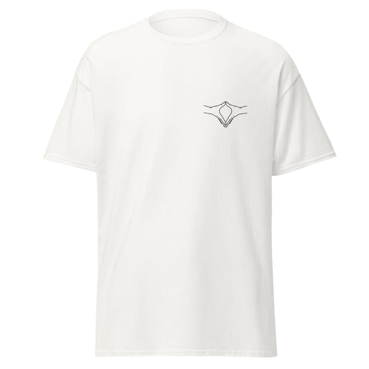 „Ein weißes Herren T‑Shirt mit einer minimalistischen Line‑Art‑Illustration der Merkel‑Raute auf der Brust. Das Shirt hat einen klassischen Schnitt und wirkt modern und schlicht.“

