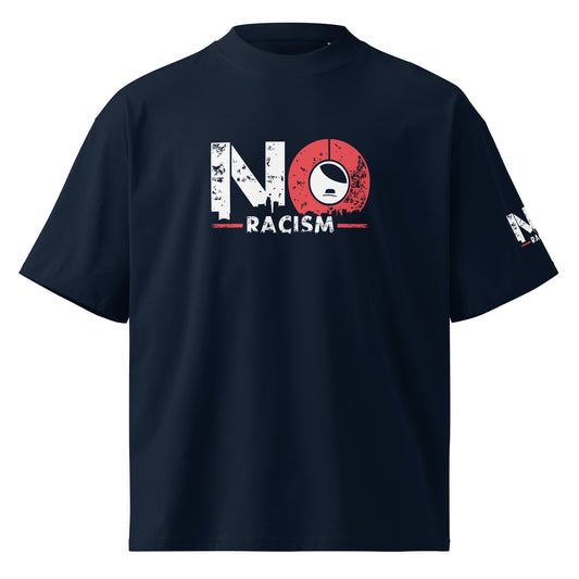 NO RACISM T Shirt zeigt Saum und Oversized Passform in der Frabe Navy 