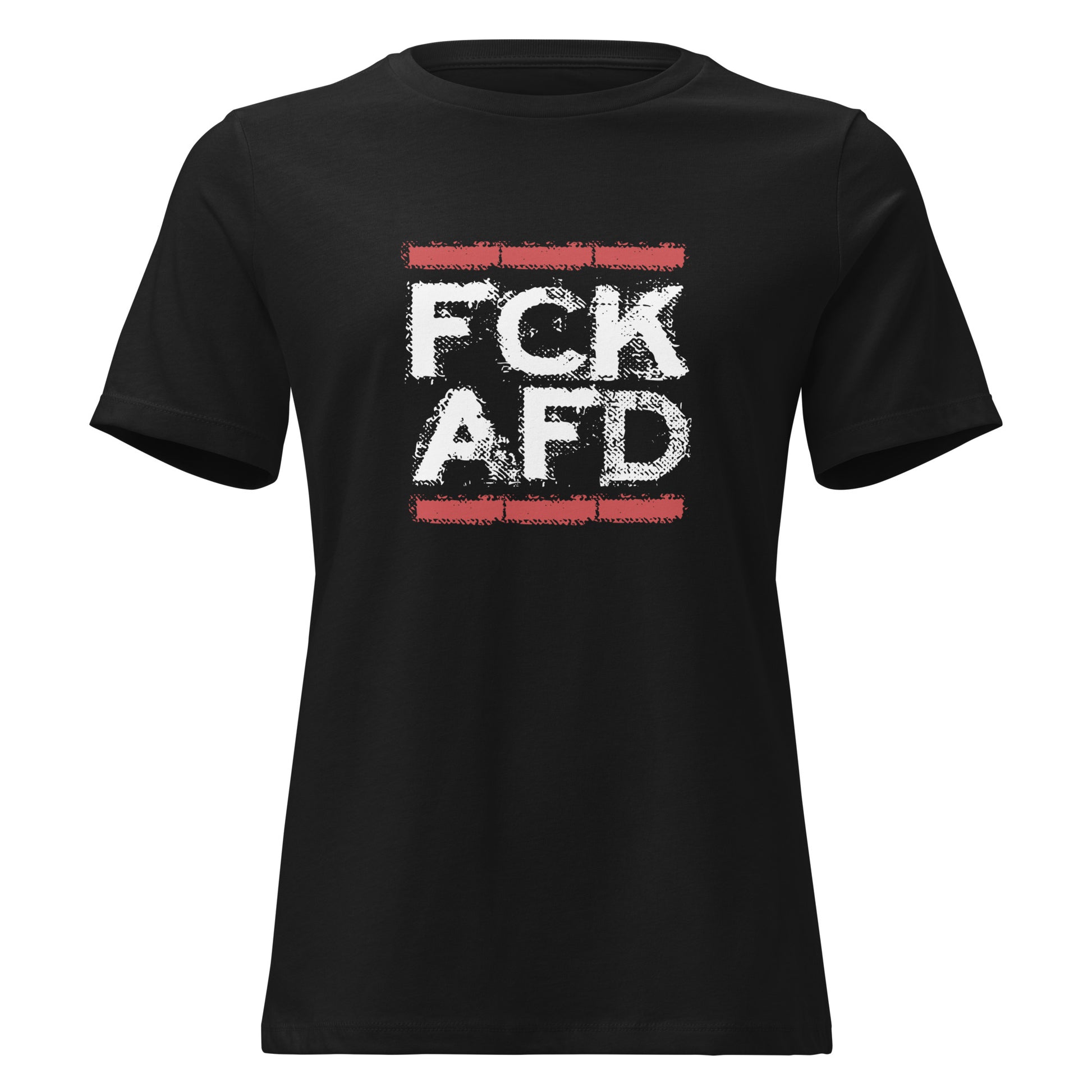 FCK AFD T‑Shirt für Frauen, schwarzes Shirt mit rotem Backstein‑Print und weißem distressed Schriftzug

