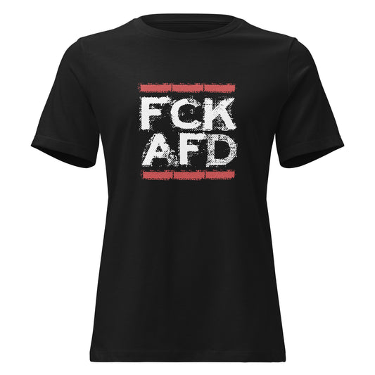 FCK AFD T‑Shirt für Frauen, schwarzes Shirt mit rotem Backstein‑Print und weißem distressed Schriftzug

