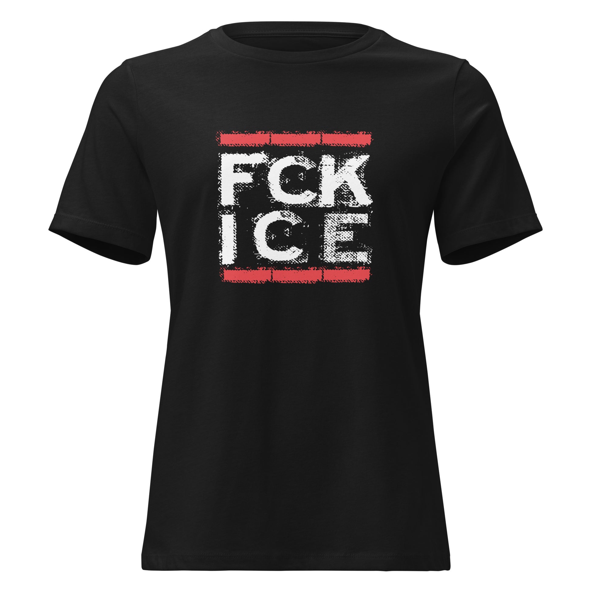 FCK ICE T‑Shirt für Frauen, Schwarzes  Shirt mit rotem Backstein‑Print und weißem distressed Schriftzug

