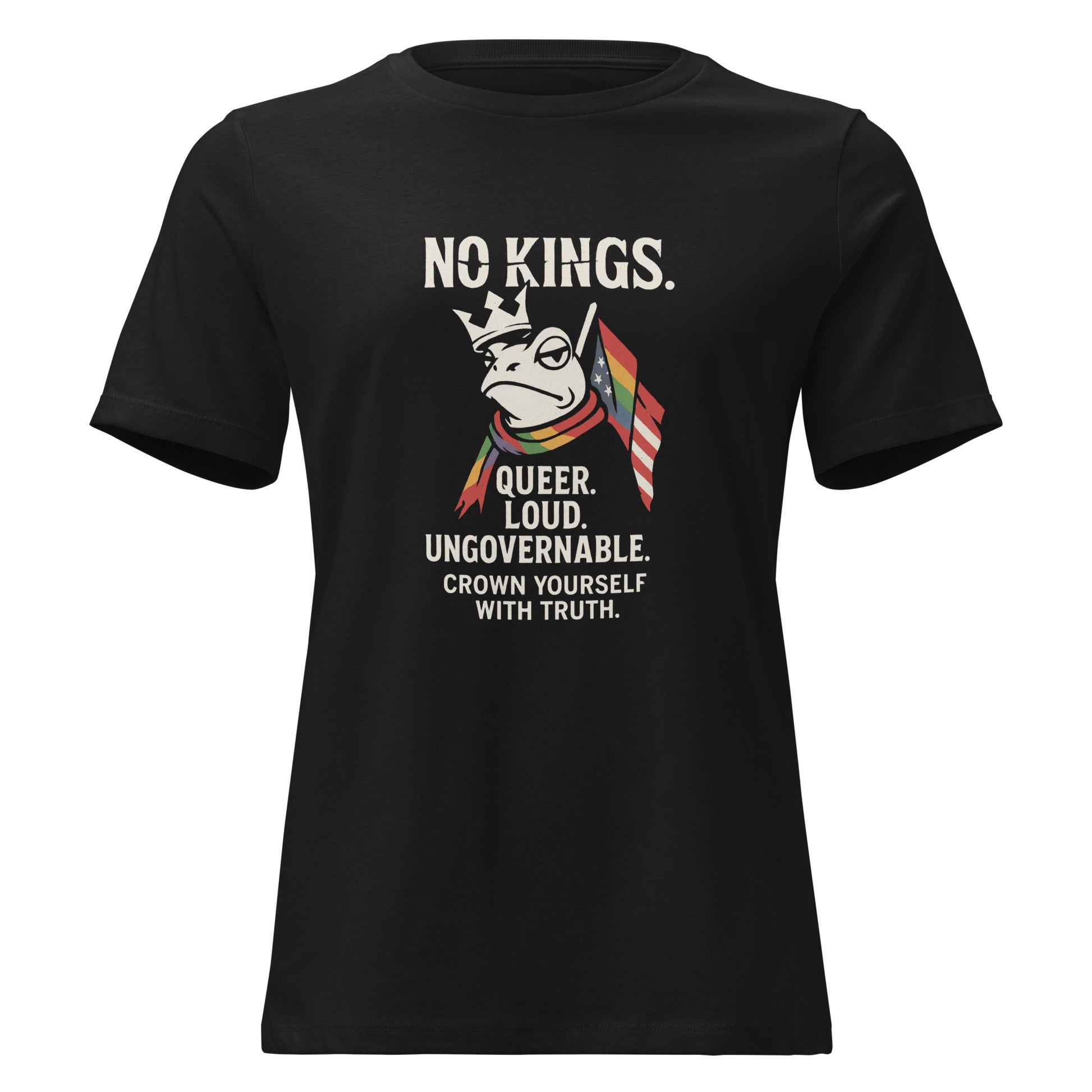 Damen Shirt mit Frosch, gebrochener Krone und Regenbogenumhang

