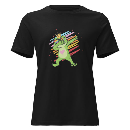Damen T‑Shirt mit Dabbing‑Frosch, Krone und Regenbogenbrille

