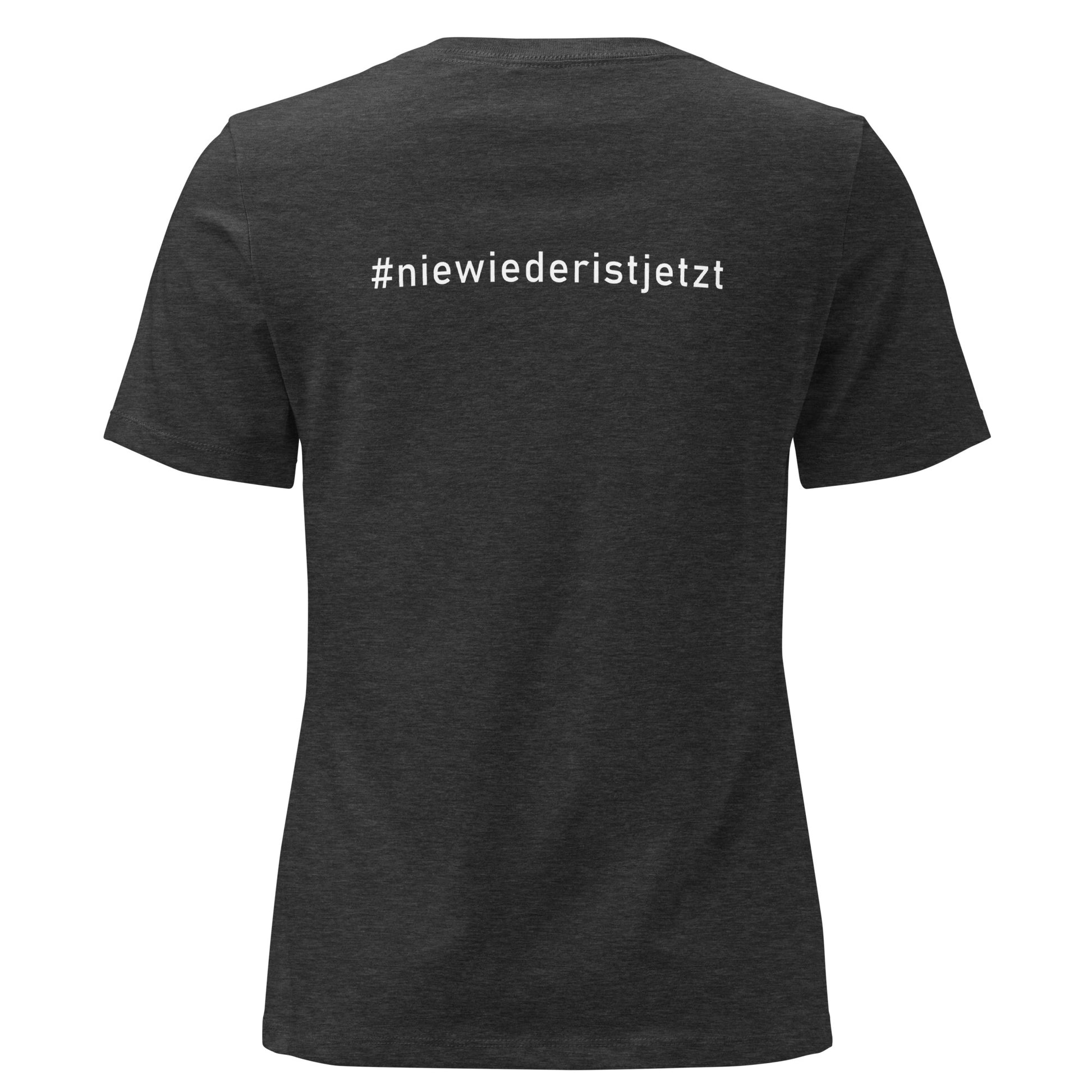 Graues T-Shirt Damen gegen das Vergessen – „Nie wieder ist jetzt“ -Rückenansicht