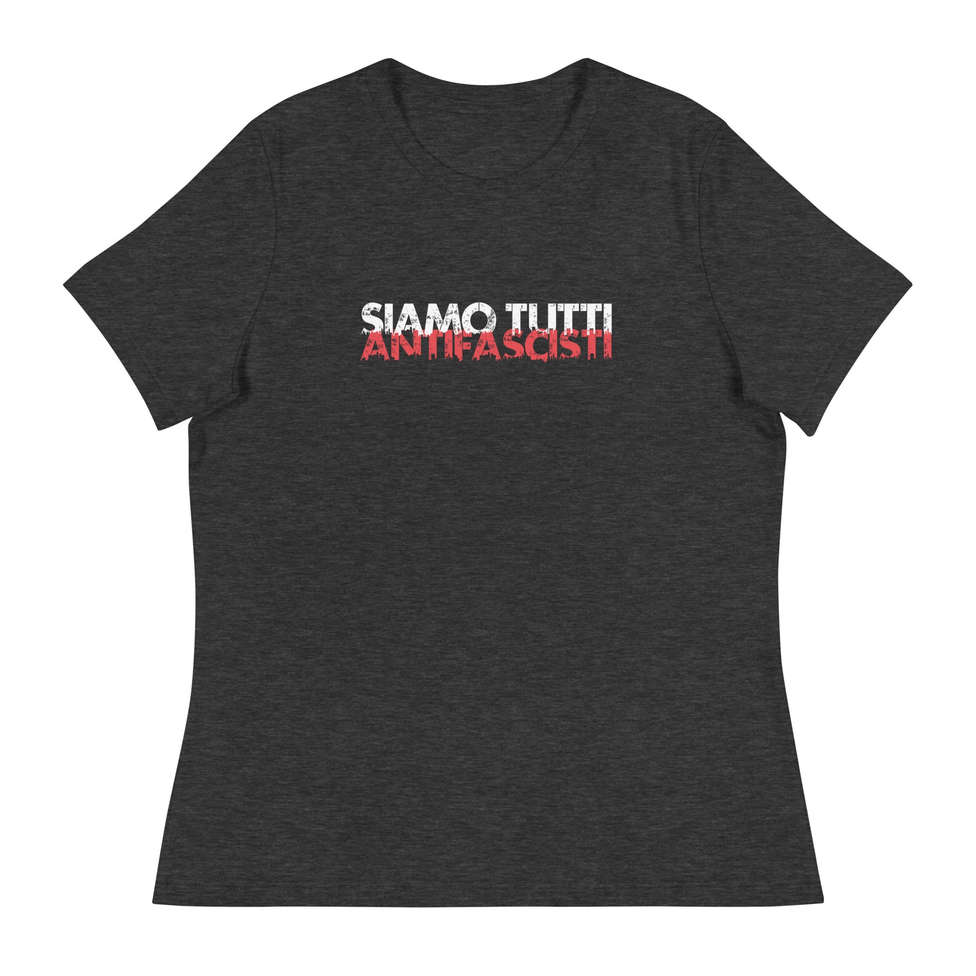 Graues Damen T-Shirt mit dem Statement „SIAMO TUTTI ANTIFASCISTI“ in weiß-roter, distressed Schrift auf der Vorderseite.