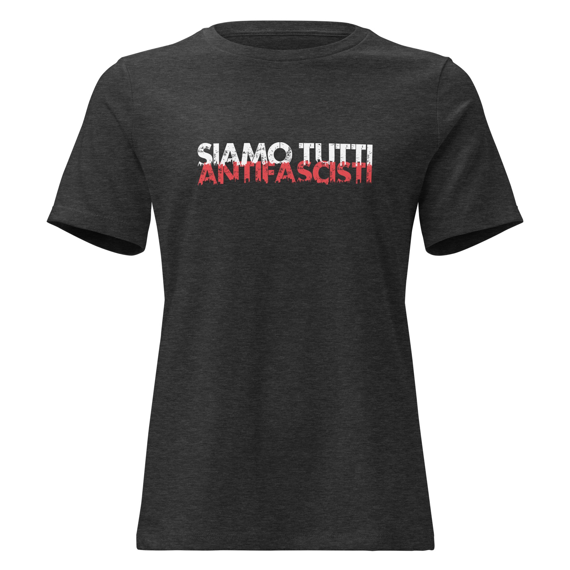 Graues Damen T-Shirt mit dem Statement „SIAMO TUTTI ANTIFASCISTI“ in weiß-roter, distressed Schrift auf der Vorderseite.