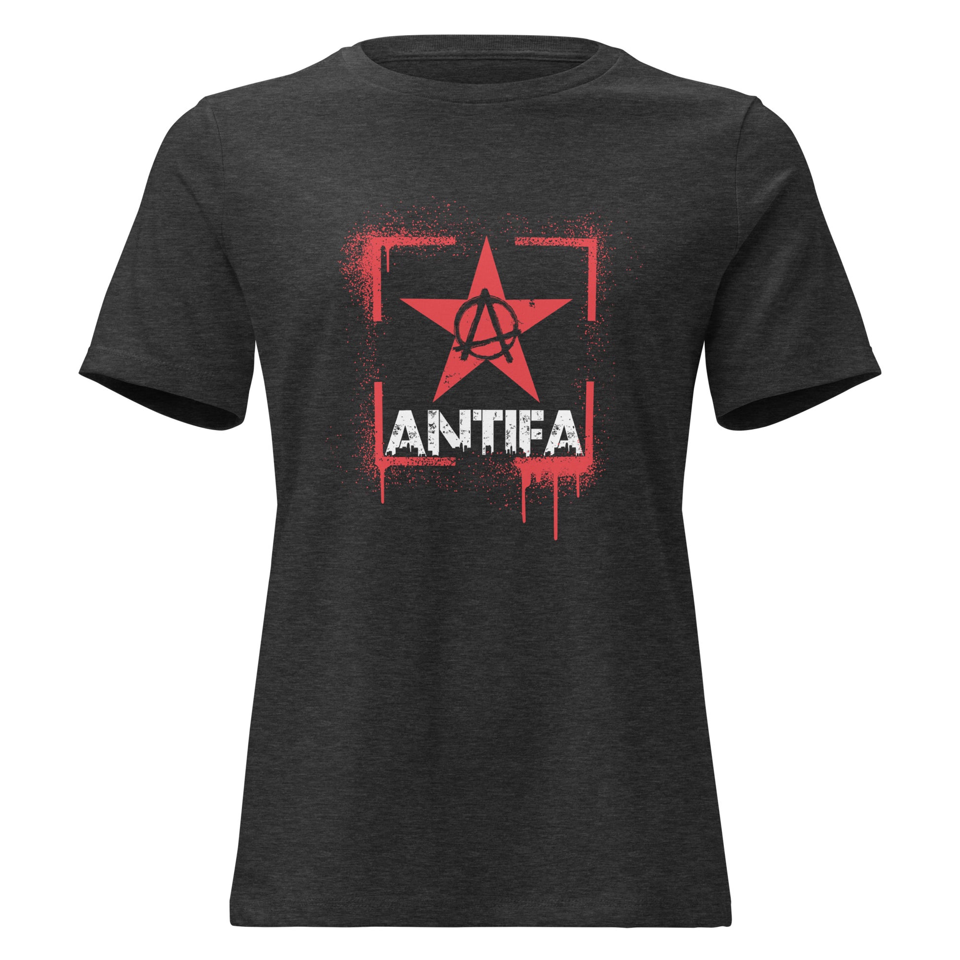 Graues Damen T-Shirt mit rotem Stern, Anarchie-Symbol und weißem ANTIFA-Schriftzug im Spray-Stil