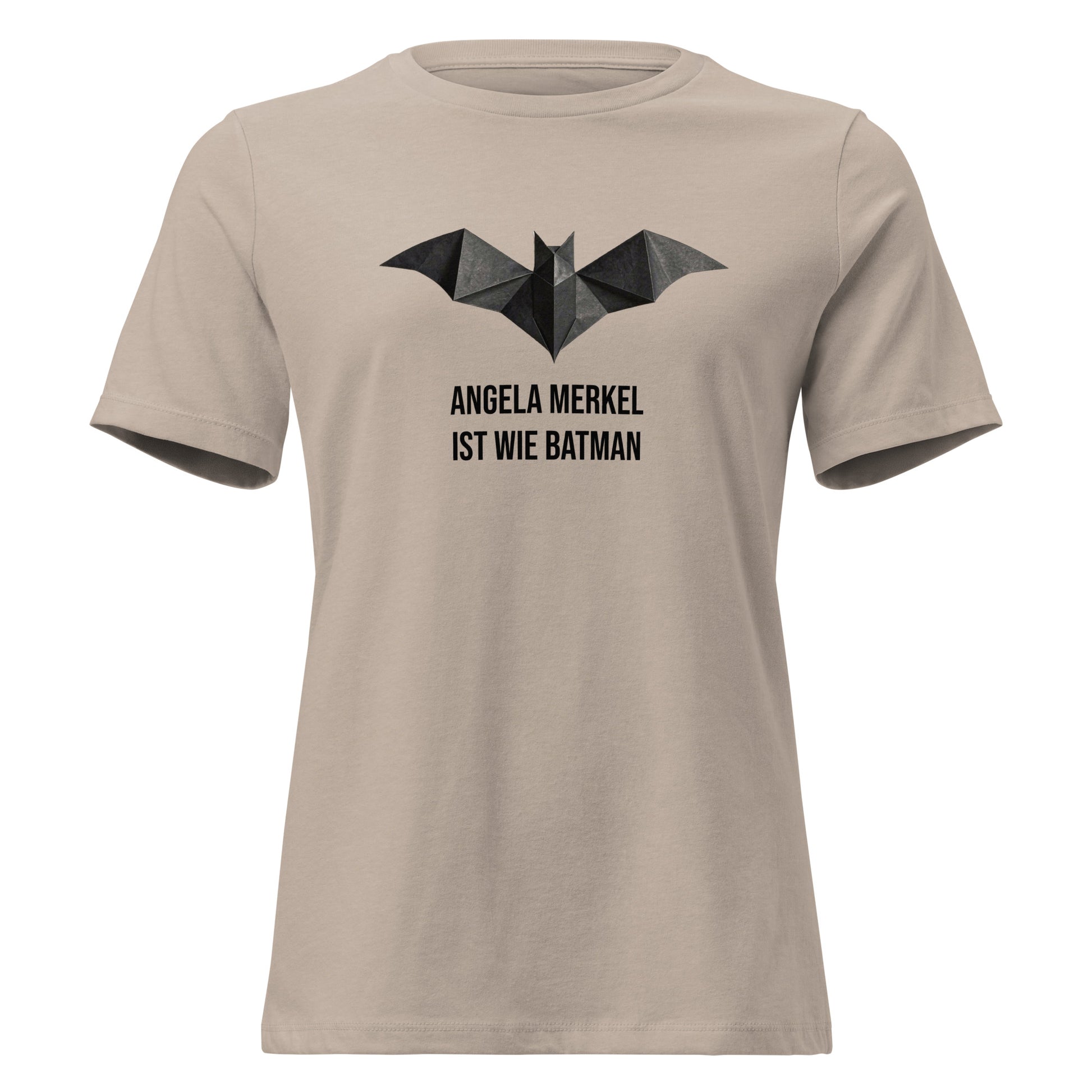 Damen‑T‑Shirt mit Origami‑Bat‑Symbol und dem Aufdruck Angela Merkel