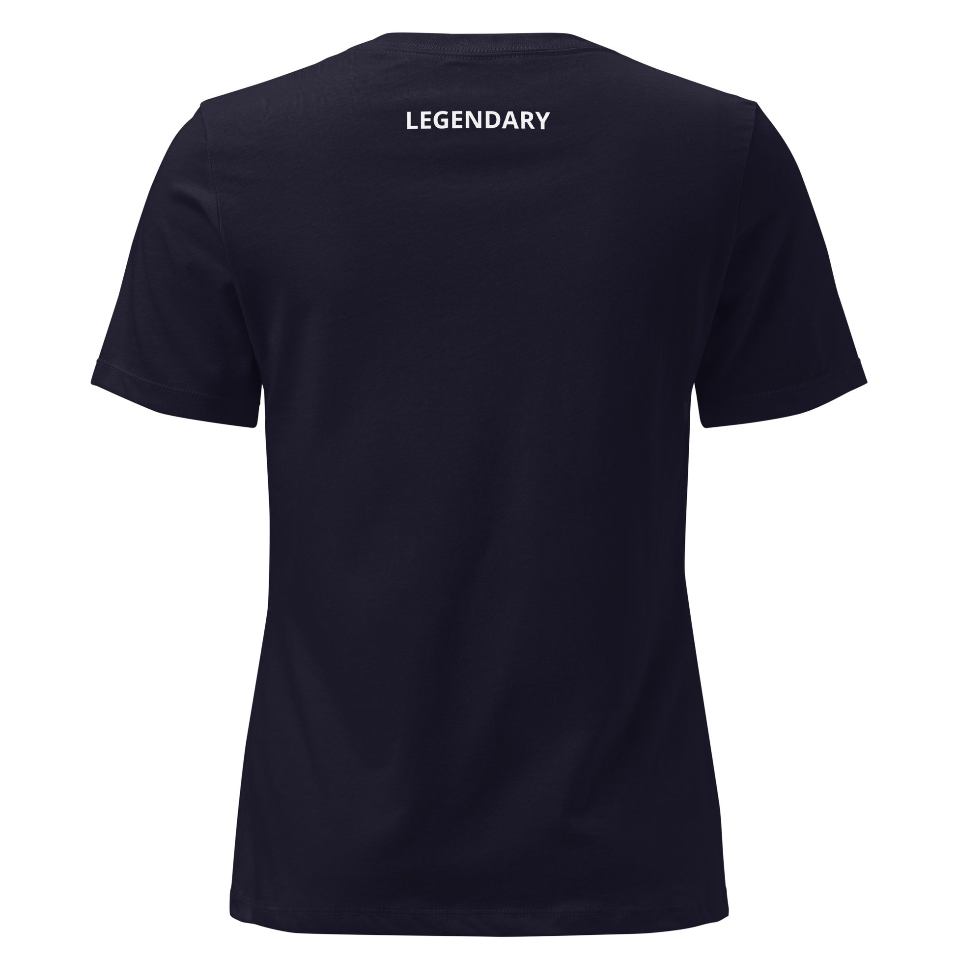 Navy Damen‑T‑Shirt mit weißem Aufdruck ‚Sie kennen mich.‘ Zitat Angela Merkel im minimalistischen Signature‑Stil. Rückenansicht.