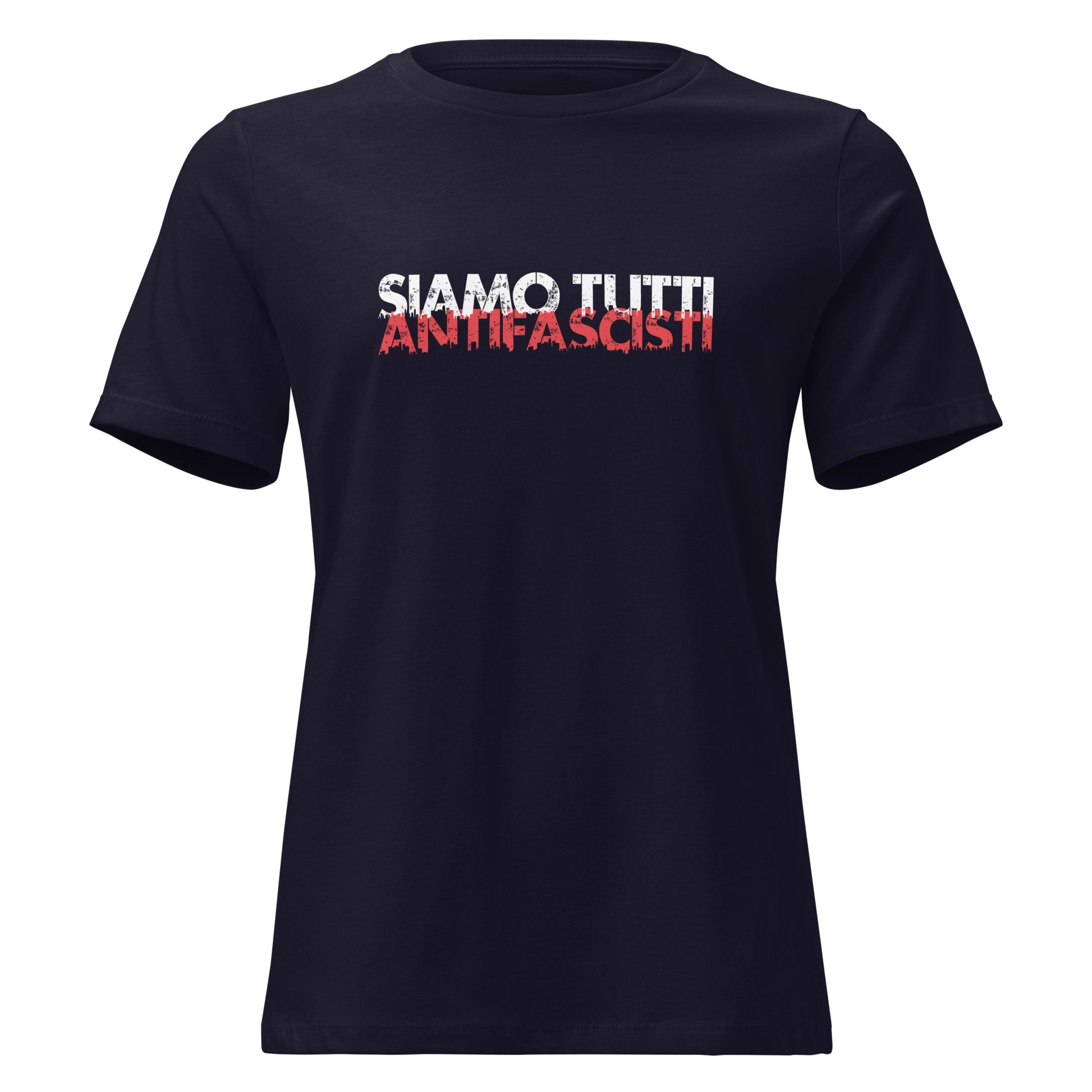 Front Navy Damen T-Shirt mit dem Statement „SIAMO TUTTI ANTIFASCISTI“ in weiß-roter, distressed Schrift auf der Vorderseite.