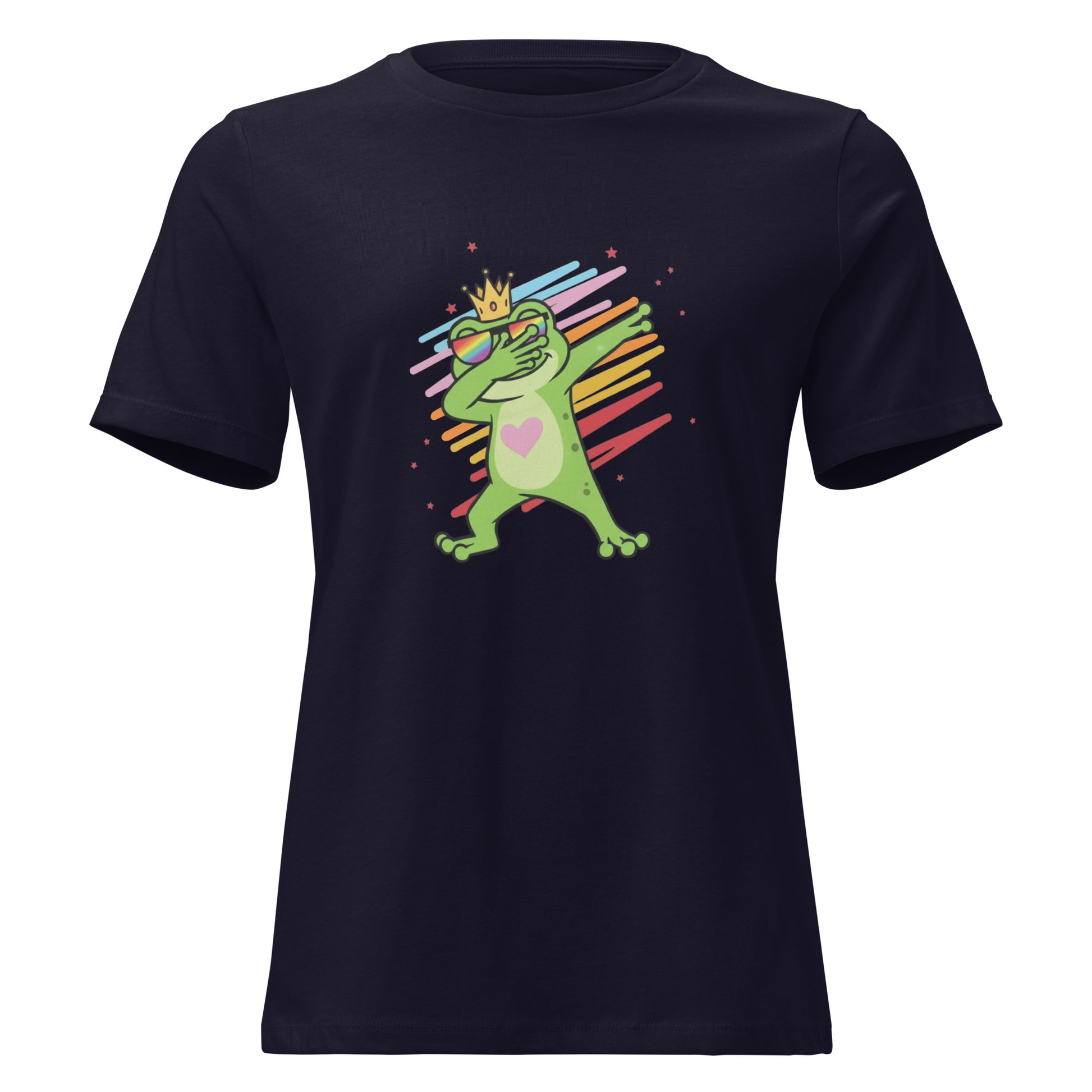Pride Damen Shirt mit cartoonhaftem Frosch und bunten Sternen

