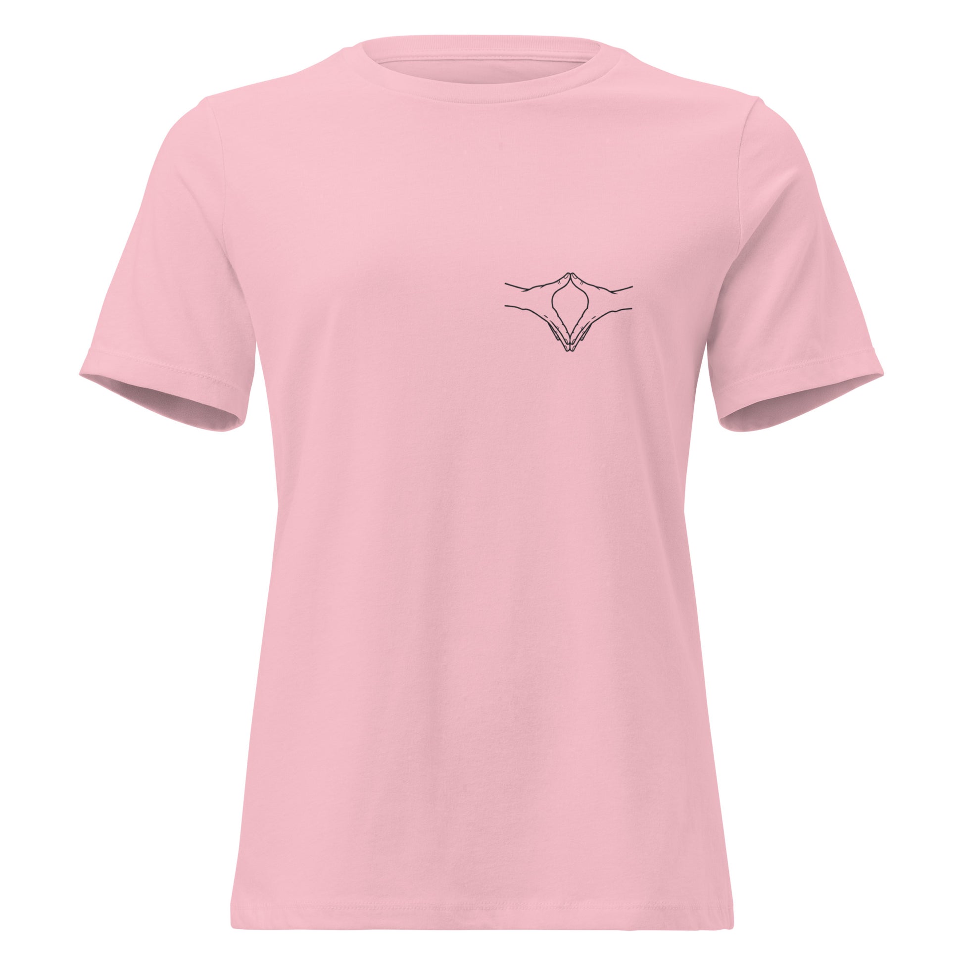 Ein rosa Damen T‑Shirt mit einer minimalistischen Line‑Art‑Illustration der Merkel‑Raute auf der Brust. Das Shirt hat einen weichen Stoff und einen femininen Schnitt.
