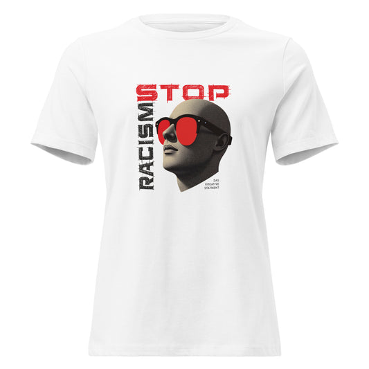 Damen T‑Shirt gegen Rassismus mit plakativem NO RACISM Motiv

